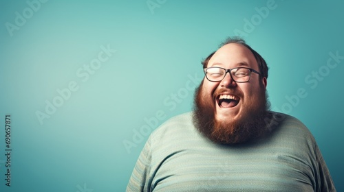 laughing fat obese man in blue shirt.