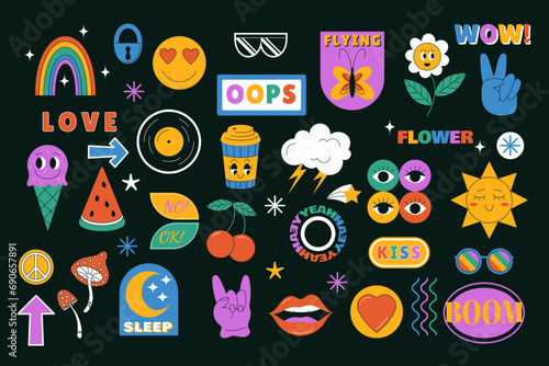 Seamless 90s icon. Fashionable funny pattern in retro 80s style for girl. Positive motivational groovy isolated elements. Modern sun, coffee and rainbow. Vector cool textile garish sticker collection