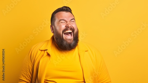 laughing fat obese man in yellow shirt. © Yahor Shylau 
