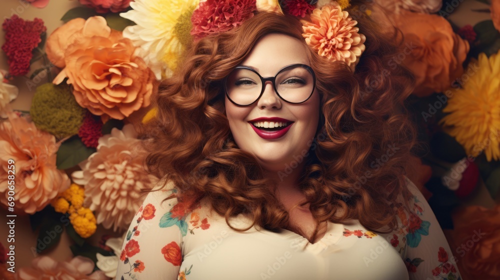 fat girl smiling, flowers on background. fat girl smiling, flowers on background.