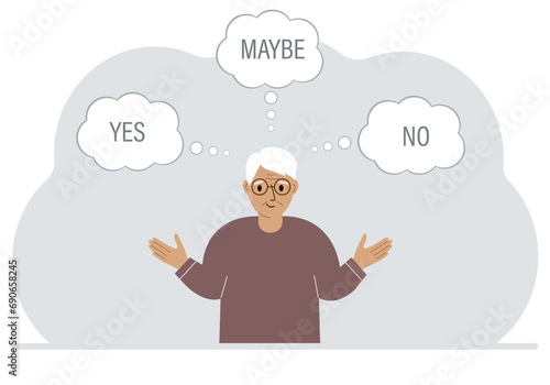 A man spreads his arms to the sides and makes a choice or makes a decision. Air bubbles with text yes, no, maybe.