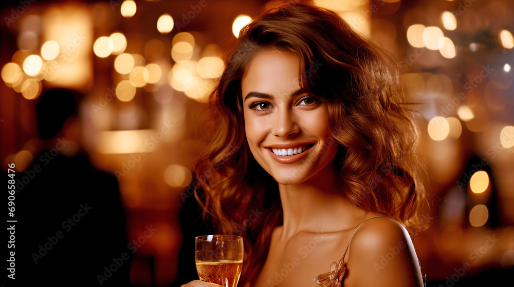 Happy Woman With Glass Of Champagne In Restaurant - Festive Atmosphere - legal AI Happy Woman With Glass Of Champagne In Restaurant - Festive Atmosphere - legal AI