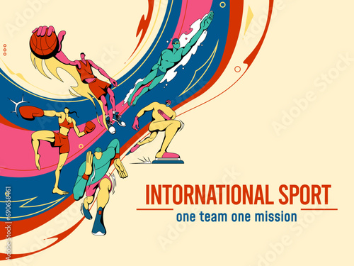 International sport day poster design. Athletes team. Basketball and football games. Soccer national league. Skater and sprinter. Woman boxing tournament. Man swimmer. Vector background playground photo