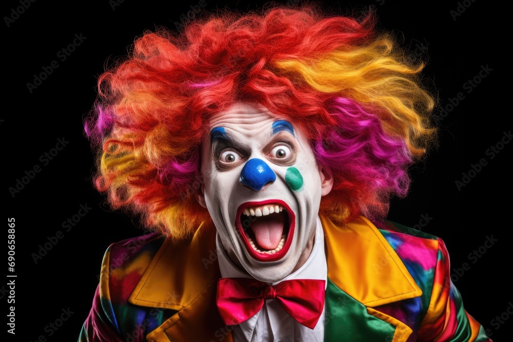 Screaming Clown Portrait - Colorful Concept of Circus and Fun Business with Crazy Wig and Shouting Colours