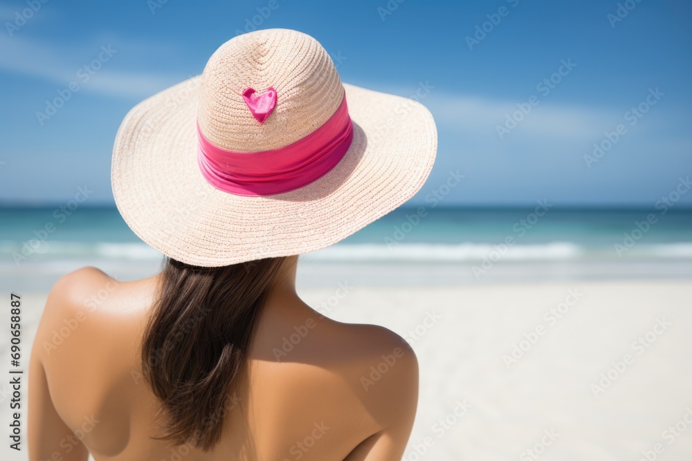 Summer Skin Protection: Woman with Sunscreen Heart on Beach, Applying Sunblock Cream for Ultimate Skin Protection