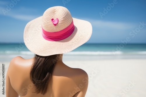 Summer Skin Protection: Woman with Sunscreen Heart on Beach, Applying Sunblock Cream for Ultimate Skin Protection