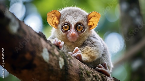 Tarsius is resting in a tree in the jungle. a close-up of indonesia's sulawesi islands. © Tahir