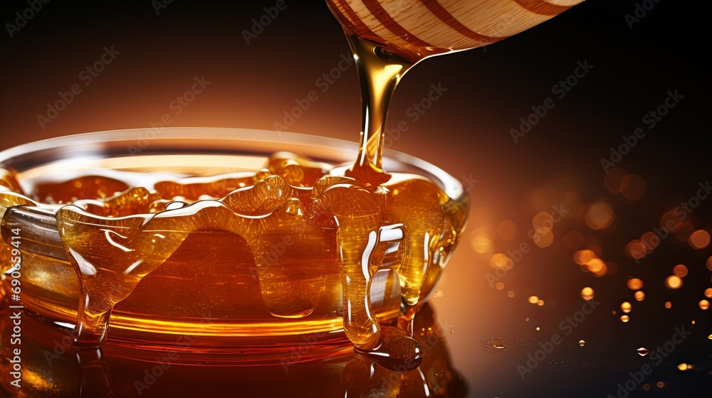 The wooden honey dipper is decorated with golden honey and air bubbles for an extreme macro shot - obrazy, fototapety, plakaty 