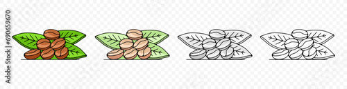 Roasted coffee beans with leaves, plant and nature, graphic design. Food, hot drink, beverage, cafes, coffee house and coffee shop, vector design and illustration