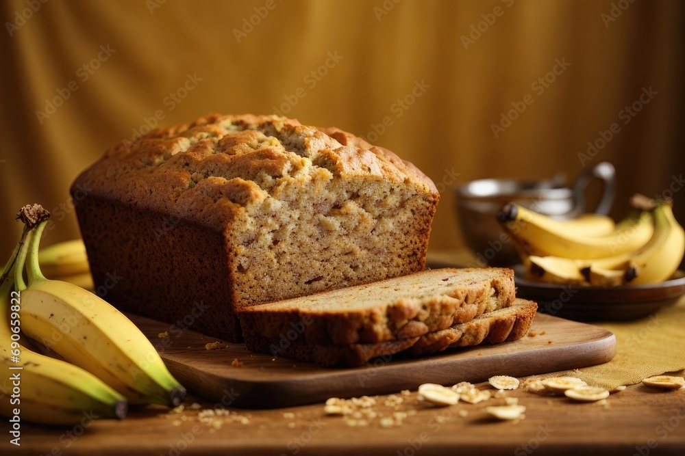 Banana bread on the table on gold background, bread with banana, bread with nuts, bread with raisins, banana muffin, chocolate cake with banana and nuts, Banana cake with nuts and raisins Banana bread on the table on gold background, bread with banana, bread with nuts, bread with raisins, banana muffin, chocolate cake with banana and nuts, Banana cake with nuts and raisins