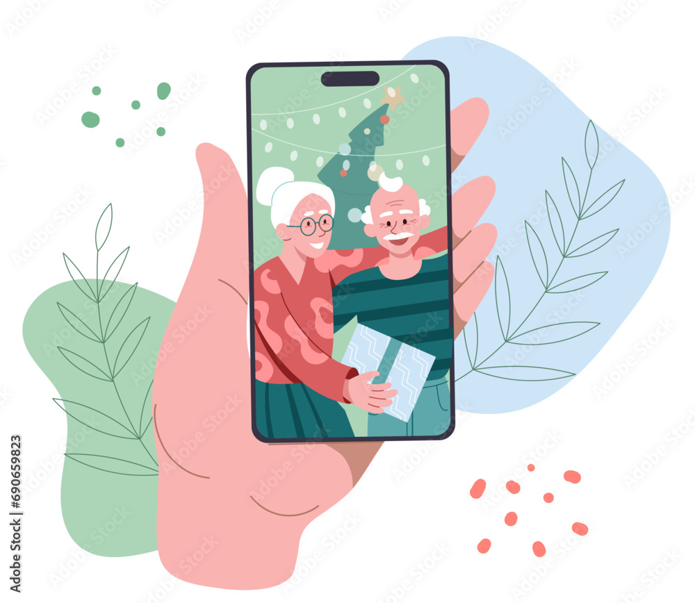 Video call with elderly couple. Hand with smartphone with grandparents at mobile phone screen. Distance communication and interaction in messengers. Cartoon flat vector illustration - obrazy, fototapety, plakaty 