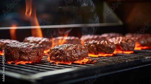 Juicy beef patties for hamburgers being grilled on a grill grate with flames underneath created with Generative Ai