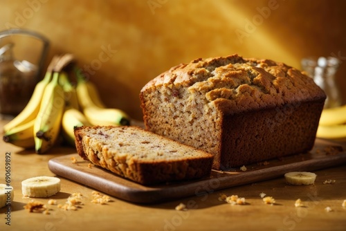 Banana bread on the table on gold background, bread with banana, bread with nuts, bread with raisins, banana muffin, chocolate cake with banana and nuts, Banana cake with nuts and raisins