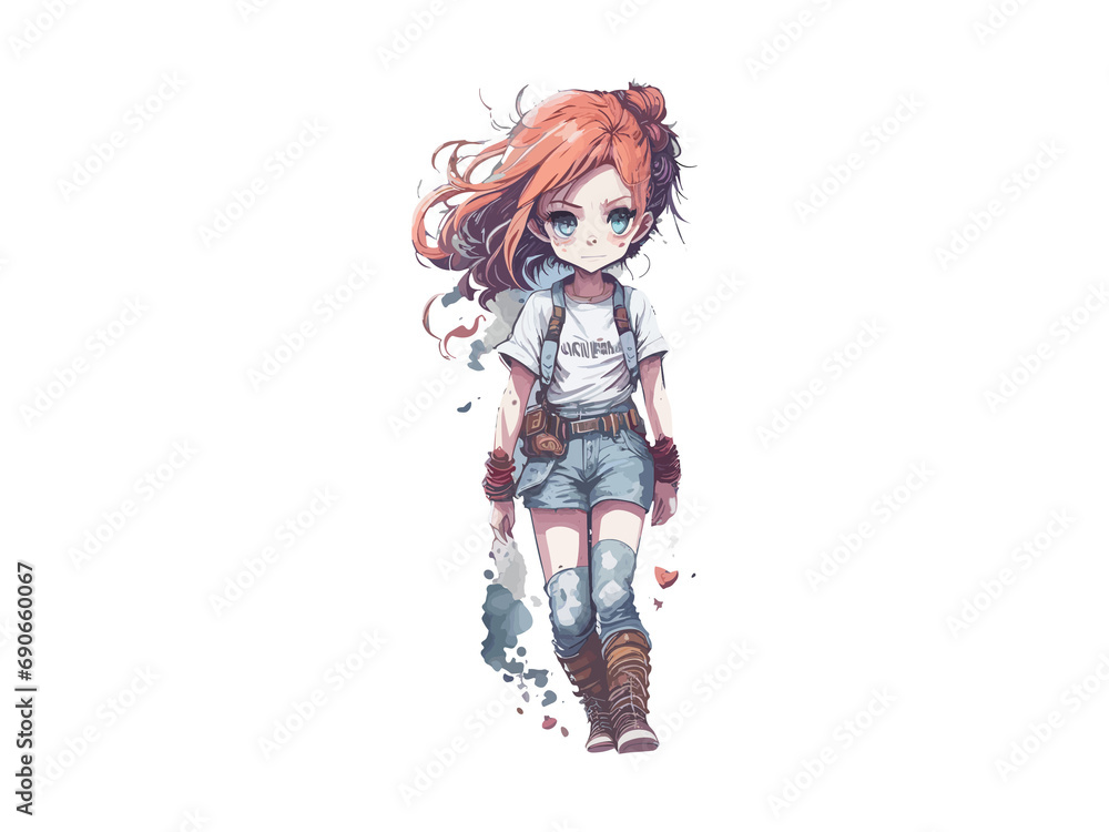 Watercolor Cute Anime Girl, With flowers, Fantasy Art, With Her Dog Friend, Vector Illustration Clipart