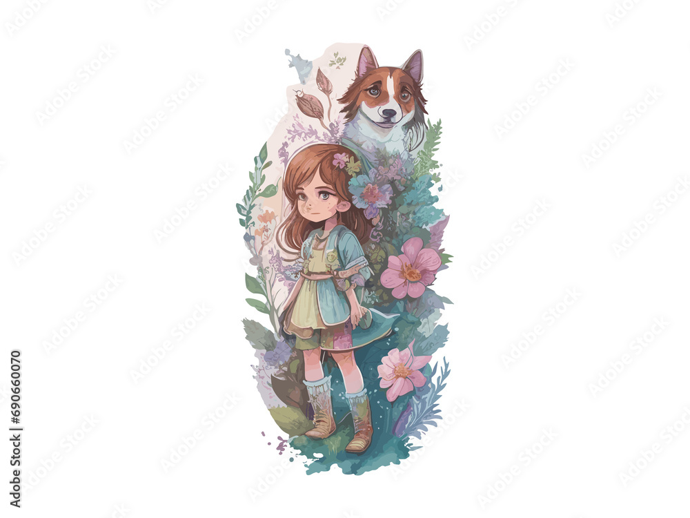 Watercolor Cute Anime Girl, With flowers, Fantasy Art, With Her Dog Friend, Vector Illustration Clipart Watercolor Cute Anime Girl, With flowers, Fantasy Art, With Her Dog Friend, Vector Illustration Clipart