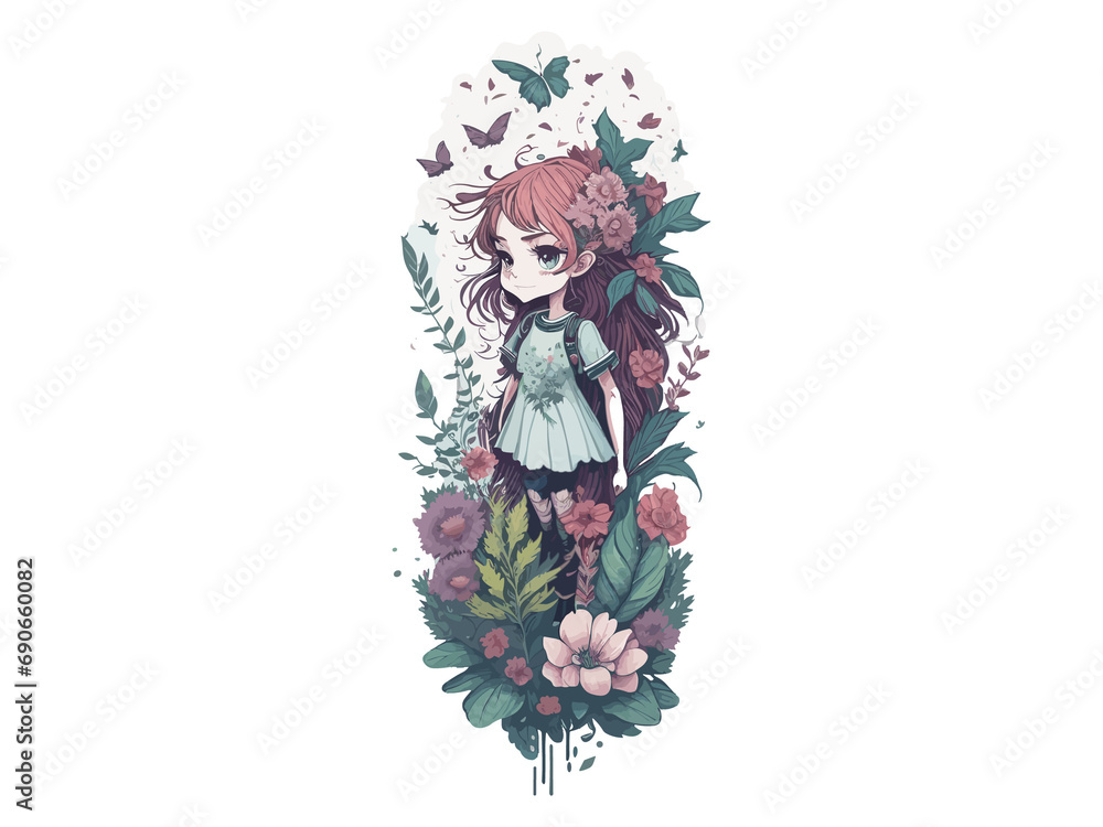 Watercolor Cute Anime Girl, With flowers, Fantasy Art, With Her Dog Friend, Vector Illustration Clipart Watercolor Cute Anime Girl, With flowers, Fantasy Art, With Her Dog Friend, Vector Illustration Clipart