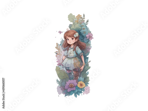 Watercolor Cute Anime Girl, With flowers, Fantasy Art, With Her Dog Friend, Vector Illustration Clipart