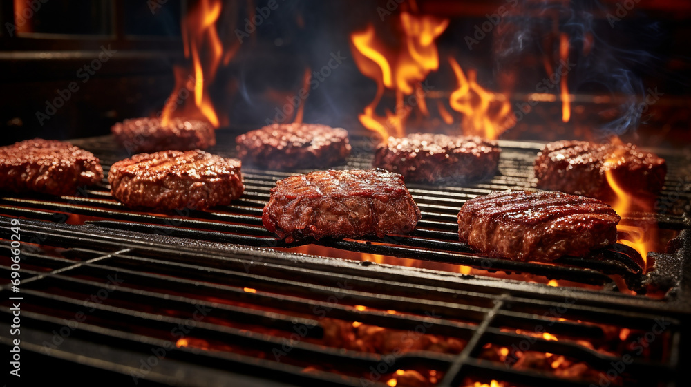 Juicy beef patties for hamburgers being grilled on a grill grate with flames underneath created with Generative Ai Juicy beef patties for hamburgers being grilled on a grill grate with flames underneath created with Generative Ai