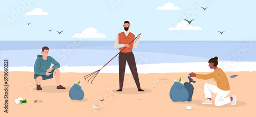 Volunteers collecting trash at beach. Activists with rakes and black bags at nature. Care about ecology and nature. Reducing release of hazardous waste. Cartoon flat vector illustration