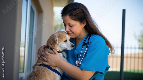 Beautiful Female Veterinarian Petting a Noble Golden Retriever Dog. Healthy Pet on a Check Up Visit in Modern Veterinary Clinic photo