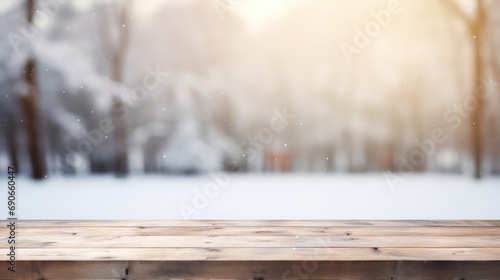 The empty wooden table top with blur winter background. Generative AI