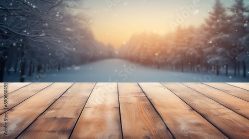 The empty wooden table top with blur winter background. Generative AI