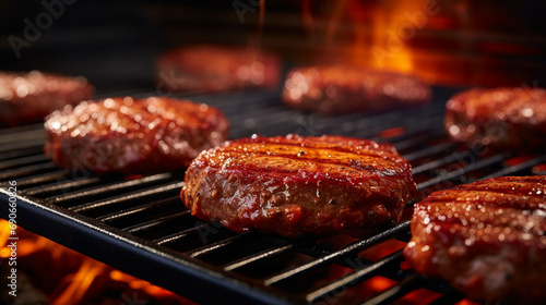 Juicy beef patties for hamburgers being grilled on a grill grate with flames underneath created with Generative Ai
