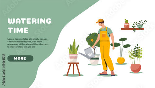 Watering time poster. Man with watering can near flowerpots with plants. Gardening and horticulture, botany. Comfort and coziness. Landing page design. Cartoon flat vector illustration