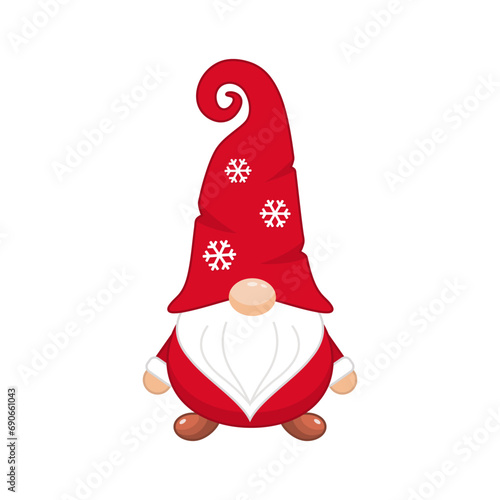 Christmas gnome in cap with snowflakes. Greeting new years character in hat covering his eyes with white beard scandinavian symbol of wealth and prosperity
