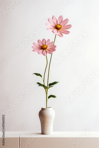 A single flower in a vase against a plain wall isolated on white background 