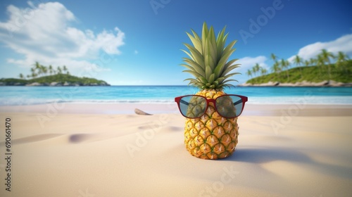 Pineapple in the sand on the beach cartoon.