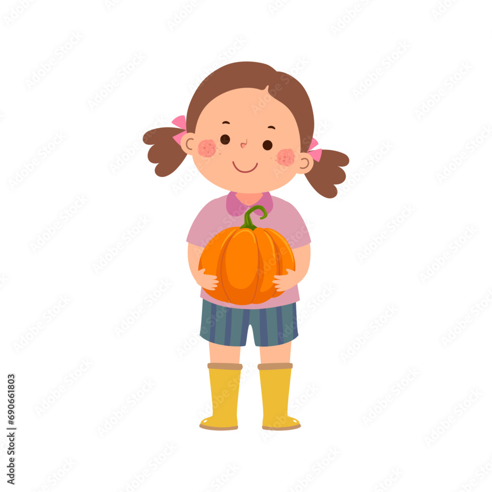 Little girl farmer holding a large pumpkin in her hands Little girl farmer holding a large pumpkin in her hands