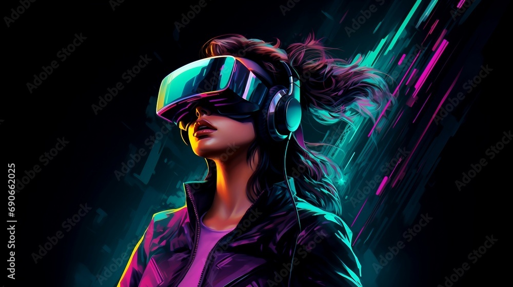 Woman wearing virtual reality headset and headphones neon style illustration AI Generated