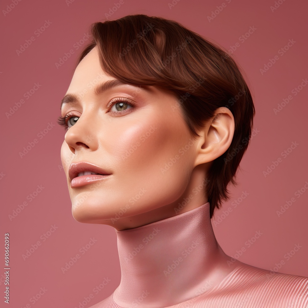Fototapeta premium A Skincare campaign showing a close up photograph of a beautiful 40yo spanish woman, short hair away from the face, skincare editorial, minimal, 32k, modern, editorial, rose gold hues and reflections,