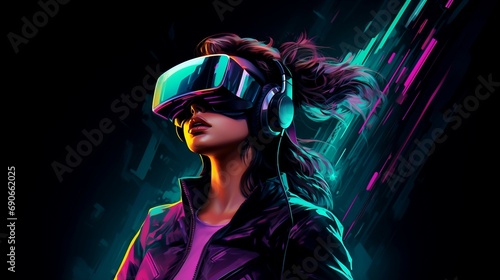 Woman wearing virtual reality headset and headphones neon style illustration AI Generated