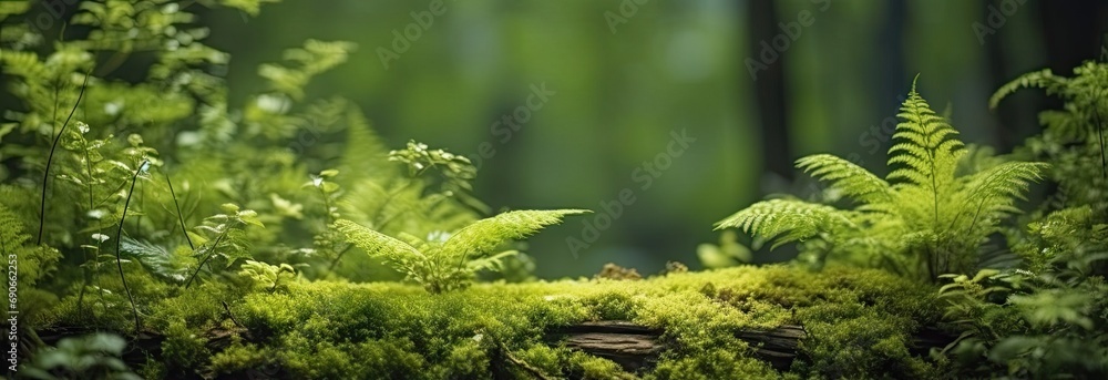 Enchanting mossy wonderland. Close up view of nature lush greenery. Captivating image showcases moss ferns and lichen creating vibrant tapestry on trees and rocks - obrazy, fototapety, plakaty 