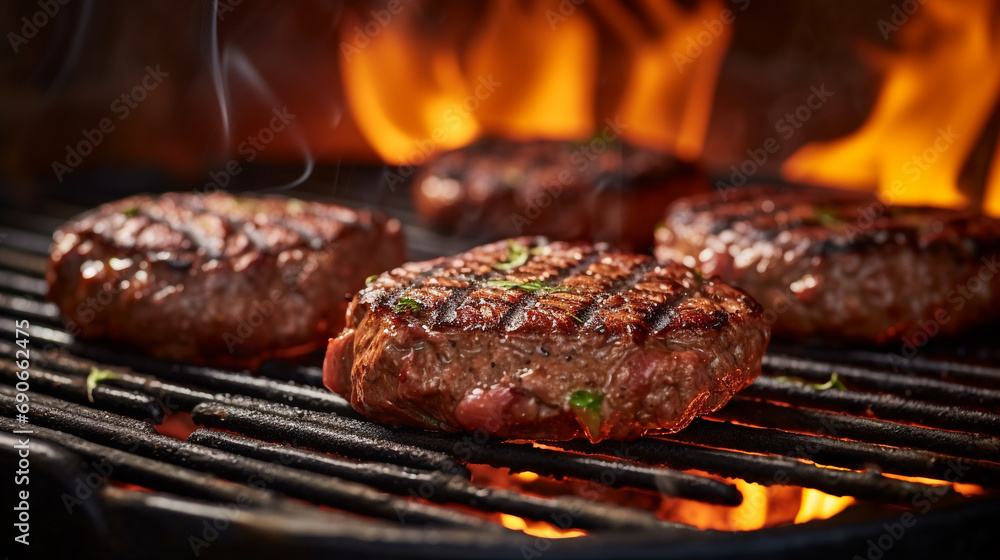 Juicy beef patties for hamburgers being grilled on a grill grate with flames underneath created with Generative Ai Juicy beef patties for hamburgers being grilled on a grill grate with flames underneath created with Generative Ai