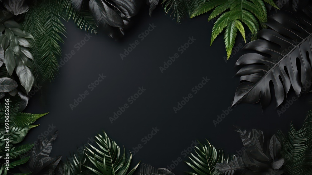 Collection of tropical leaves, foliage plant in black color with space on background, top view. Generative AI Collection of tropical leaves, foliage plant in black color with space on background, top view. Generative AI