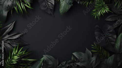 Collection of tropical leaves  foliage plant in black color with space on background  top view. Generative AI