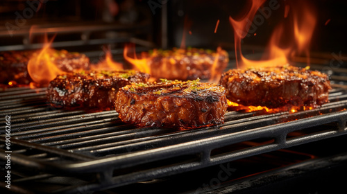 Juicy beef patties for hamburgers being grilled on a grill grate with flames underneath created with Generative Ai