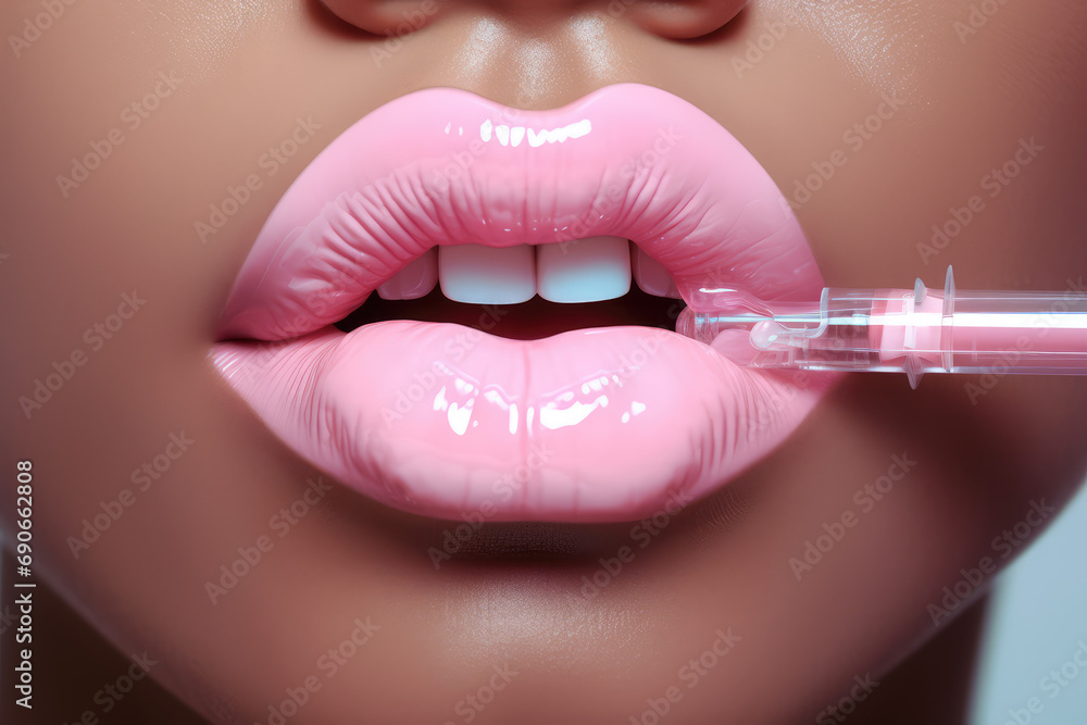 Сlose-up of pink female plump lips. Cosmetologist services, lip augmentation with injection, gualuronic acid or Botox for lips, moisturizing and correction, creative concept. - obrazy, fototapety, plakaty 
