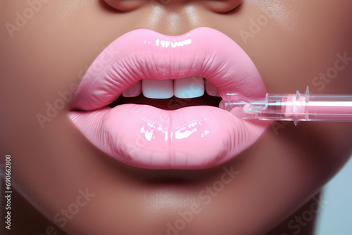Сlose-up of pink female plump lips. Cosmetologist services, lip augmentation with injection, gualuronic acid or Botox for lips, moisturizing and correction, creative concept. photo