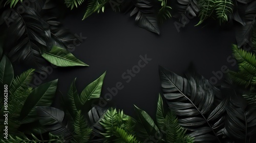 Collection of tropical leaves, foliage plant in black color with space on background, top view. Generative AI
