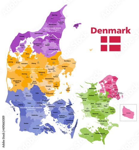 Denmark municipalities vector map colored by regions with administrative centers