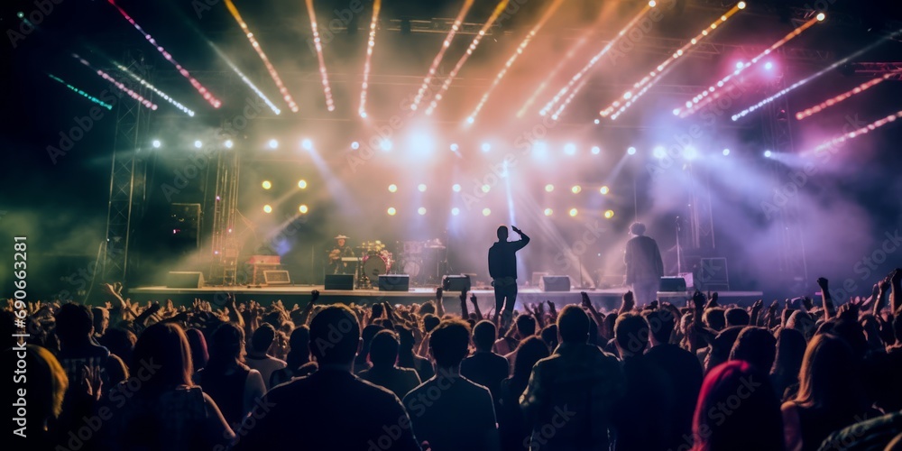 concert crowd with colorful stage light and confetti - obrazy, fototapety, plakaty 