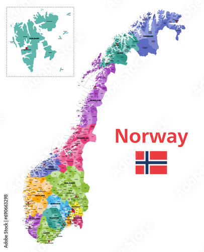 Norway municipalities high detailed vector map colored by administrative regions (counties). All municipalities and capital cities are named. Flag of Norway