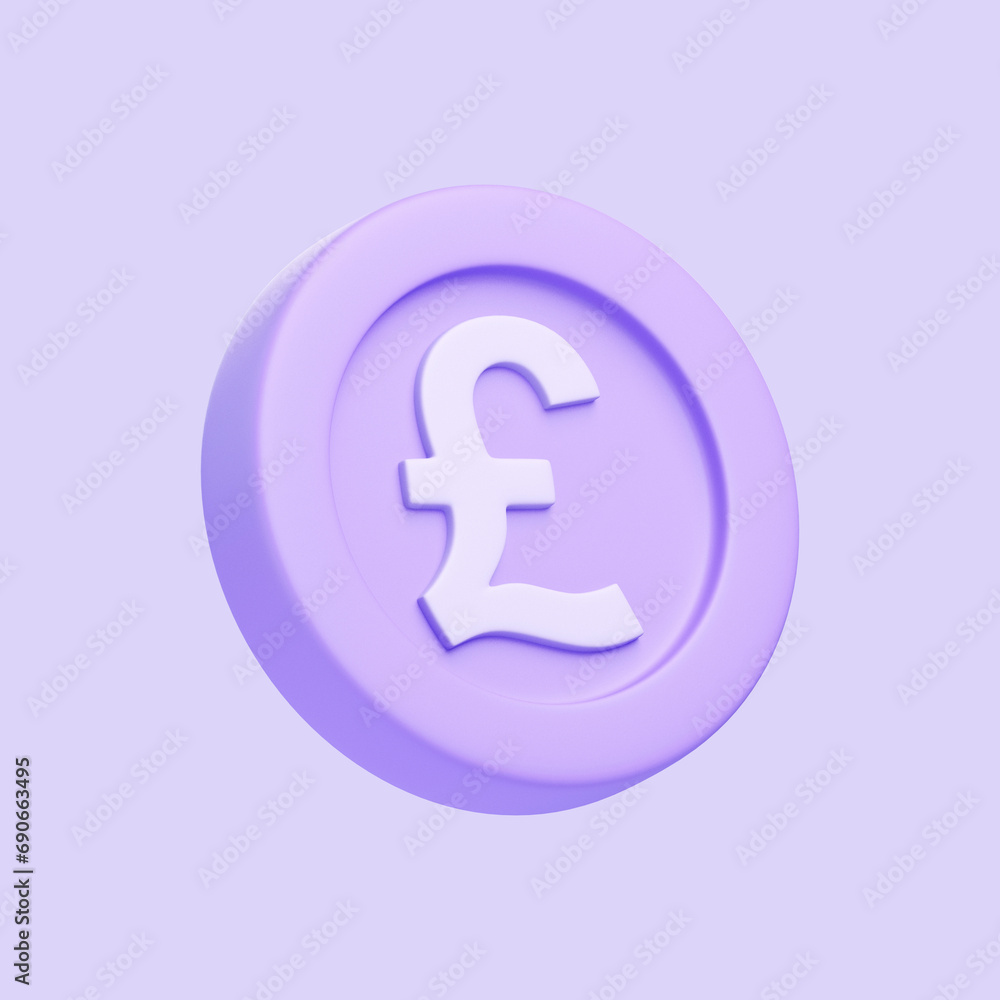 Purple coin with pound sign isolated on purple background. 3D icon, sign and symbol. Cartoon minimal style. 3D Render Illustration Purple coin with pound sign isolated on purple background. 3D icon, sign and symbol. Cartoon minimal style. 3D Render Illustration
