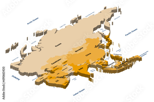 Asia political detailed isometric vector map photo