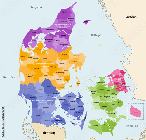 Denmark municipalities vector map colored by regions, surrounded by neighbouring countries and territories