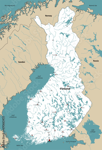 Finland lakes and rivers vector map with regions' capitals, surrounded by neighbouring countries and territories